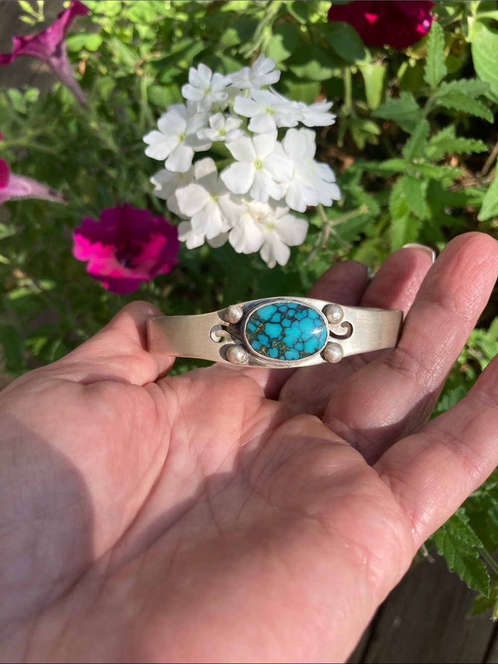 Turquoise/ sterling cuff, up to 6 1/4” wrist